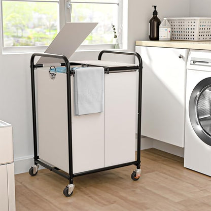 120L (31.7 Gal) Laundry Sorter 2 Section, Rolling Laundry Basket with Lockable Wheels and Lid, Laundry Hamper with 2 Separated Removable Bags Dirty Clothes Hamper for Laundry Room Organizer, White