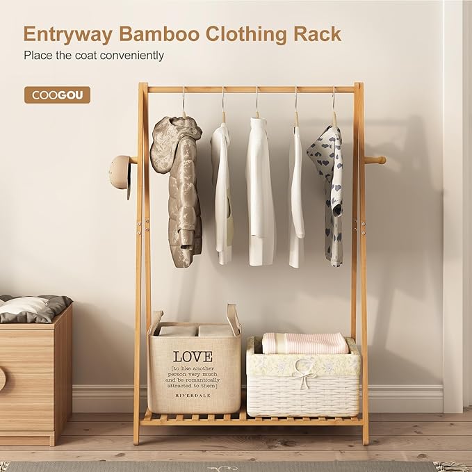 Small Clothes Hanging Racks,Bamboo Wood Kids Clothing Garment Racks for Cloths,Free Standing Dress Costume Rack for Bedroom,Living Room, Commercial,Small Space
