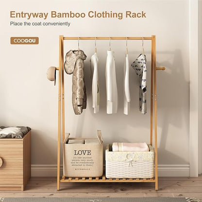 Small Clothes Hanging Racks,Bamboo Wood Kids Clothing Garment Racks for Cloths,Free Standing Dress Costume Rack for Bedroom,Living Room, Commercial,Small Space