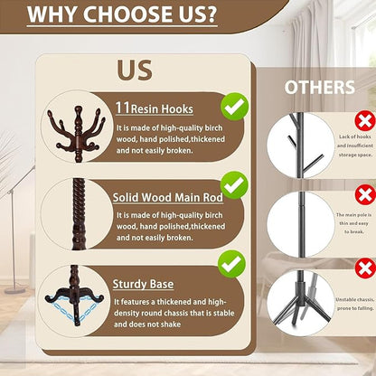 Solid Wooden Coat Rack Stand, Coat Racks Freestanding with 11 Hooks, Natural Birch Wood Coat stands with Triangle Base, Tree Coat Hanger Standing for Entryway Bedroom Office (Antique triangle)