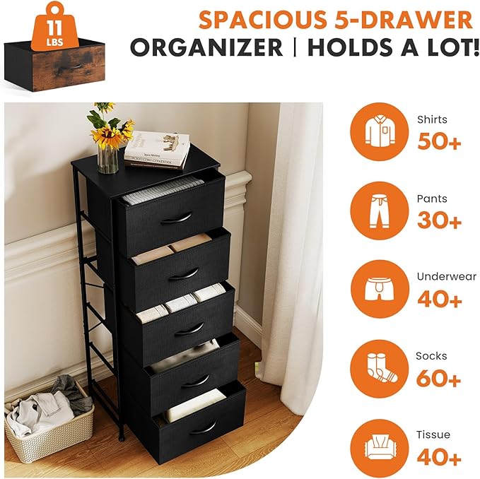 Sweetcrispy 5 Drawer Dresser with Fabric Bins Steel Frame Wood top Storage Chest for Bedroom Closet Hallway Black Compact Organizer Durable Home Storage Solution