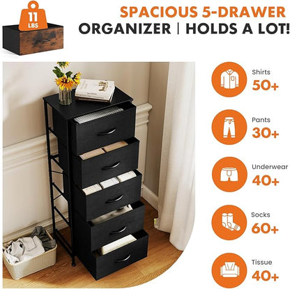Sweetcrispy 5 Drawer Dresser with Fabric Bins Steel Frame Wood top Storage Chest for Bedroom Closet Hallway Black Compact Organizer Durable Home Storage Solution