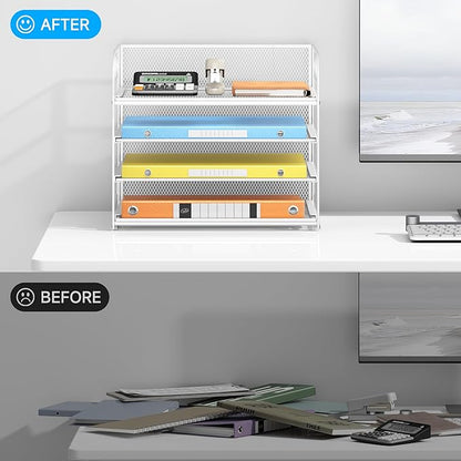 Lavatino Paper Organizer for Desk, 4-Tier Desk Organizer Tray, Mesh Desktop File Organizers with Handle, Office Classroom Organization and Storage-White