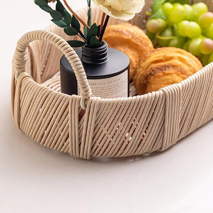 Hand-Woven Rattan-Style Storage Basket with Handles, Beige Oval Organizer Tray for Bathroom Kitchen Living Room | Fruit, Snack, Cosmetic & Toiletries Organizer | Decorative Multi-Purpose Basket