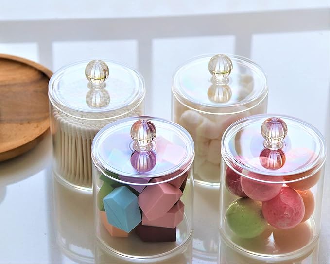 20-Ounce Qtip Holder Storage Canister Set of 2, Clear Plastic Apothecary Jar with Lid, Bathroom Makeup Organizer for Cotton Ball, Cotton Swab, Pads, Powder Puffs (2)