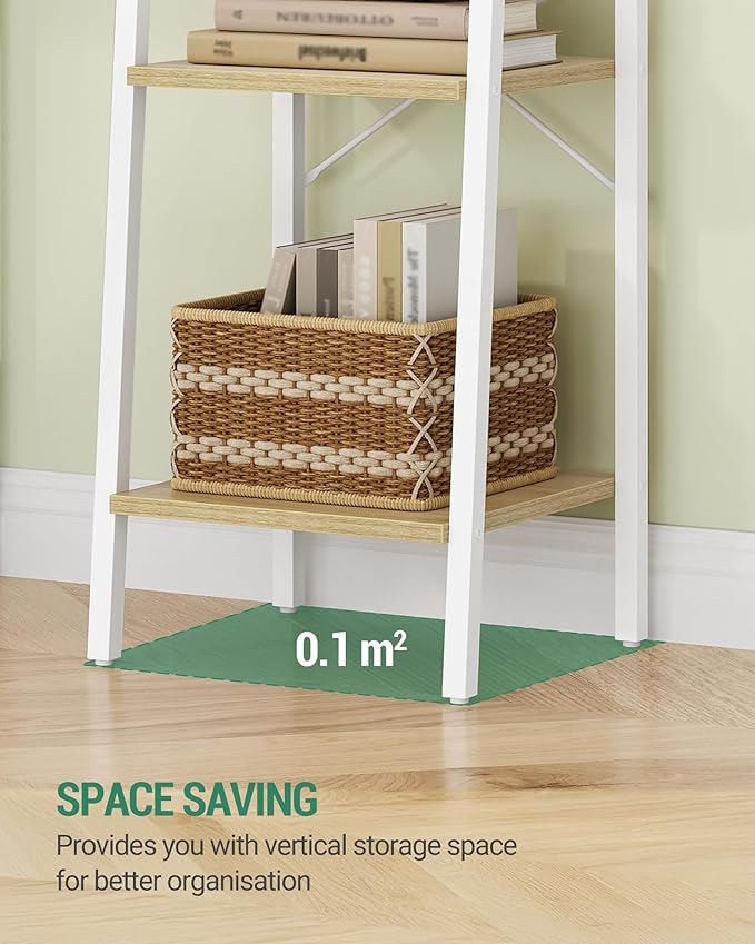 Ladder Shelf, Bookshelf Bookcase, Freestanding Corner Storage Shelve with 2 Hooks for Home Office, Living Room, Kitchen, Bedroom, Industrial, 11.8" D x 13.4" W x 47.2" H, White Oak and White
