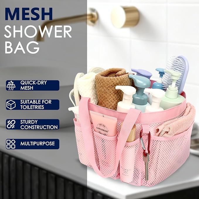 GYEUKHAM Mesh Shower Caddy Portable for College Dorm, Quick Dry Hanging Shower Bag with 8 Pockets, Bathroom Tote Organizer for Gym, Travel, Camping, Pink