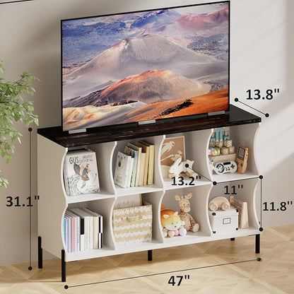 8 Cube Book Shelf, Low and Short Bookshelf, Long Cube Storage Organizer Wood TV Stand, Toy Organization DVD Cabinets for Living Room, Office, Bedroom, Dorm, White with Dark Brown Top