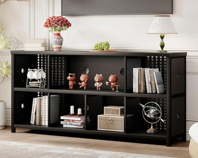 LVB Black Horizontal Bookshelf, Modern Cube Storage Organizer Bookcase, Industrial Wide Long Wood Metal Book Shelf, Farmhouse Low Large Cube Shelf for Office Home Bedroom Living Room, Black Oak, 63 In