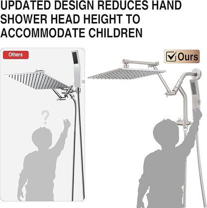 All Metal 10 Inch Rain Shower Head with Handheld Built-in Power Wash Mode, High Pressure Waterfall Rainfall Square Shower Heads with 16" Adjustable Extension Arm, Dual Showerhead(Brushed Nickel)
