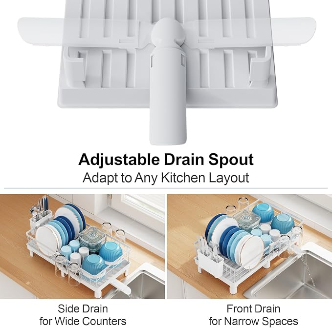 GSlife Expandable Dish Drying Rack - Countertop Drainer, 12-20.5", White | Compact Extendable Design, Swivel Drain Spout, Cup and Utensil Holder, for Small Kitchen, RV, Countertop Dish Drainer Tray