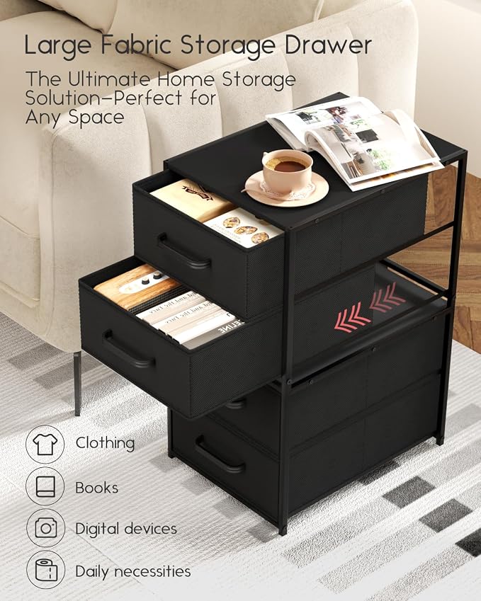Homsorout Stackable Storage Drawers - 2 Tier Closet Organizer with Metal Frame and Handles, Fabric Dresser with Collapsible Bins for Bedroom, Dorm, Office, Black, 1 Pack