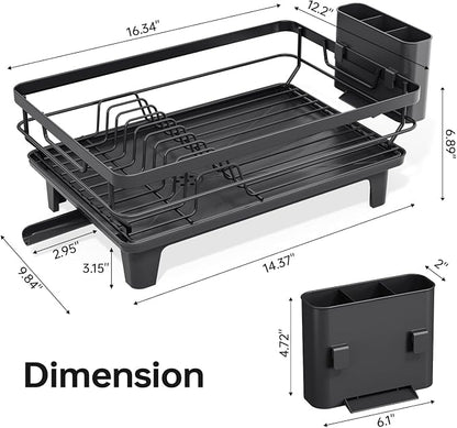 TOOLF Dish Drying Rack, Small Dish Racks for Kitchen Counter, Stainless Steel Sink Organization and Storage Essentials with Cutlery Holder, Dish Drainer, Home and Appartment Decor, Black