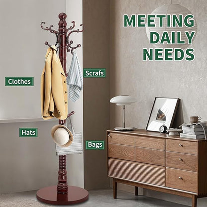OIRUMIE Wood Coat Rack Stand, Wooden Coat Rack Freestanding with Sturdy Round Base, Vintage Coat Racks with 14 Hooks, Natural Birch Wood Entryway Coat Tree Hanger Stand Easy to Assemble