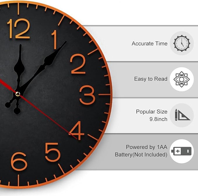 Wall Clock， Modern Non Ticking Wall Clocks Battery Operated， Black Wooden Wall Clocks for Kitchen， Living Room， Bedroom， Office， Bathroom Decorative 25 * 25cm