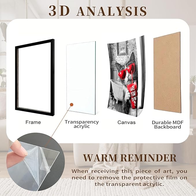 Behind The Shower Curtain Wearing Red Sunglasses Cat For Bathroom Wall Decor Framed Cute Animal Wall Decor For Bathroom Washroom Restroom Decor Rustic Humor Wall Poster (Black Framed) 12x16 Inch