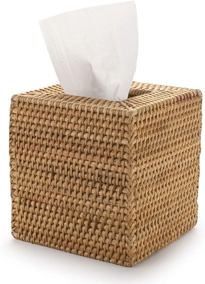 Rattan Tissue Box Cover Natural Woven Facial Napkin Holder Square (Natural, 5.5x5.5x5.9 Inch)