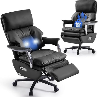 EMIAH Ergonomic Office Chair with Foot Rest Electric Executive Office Chair Reclining with Massage Big and Tall High Back Computer Chair with Wheels, Genuine Leather (Black)