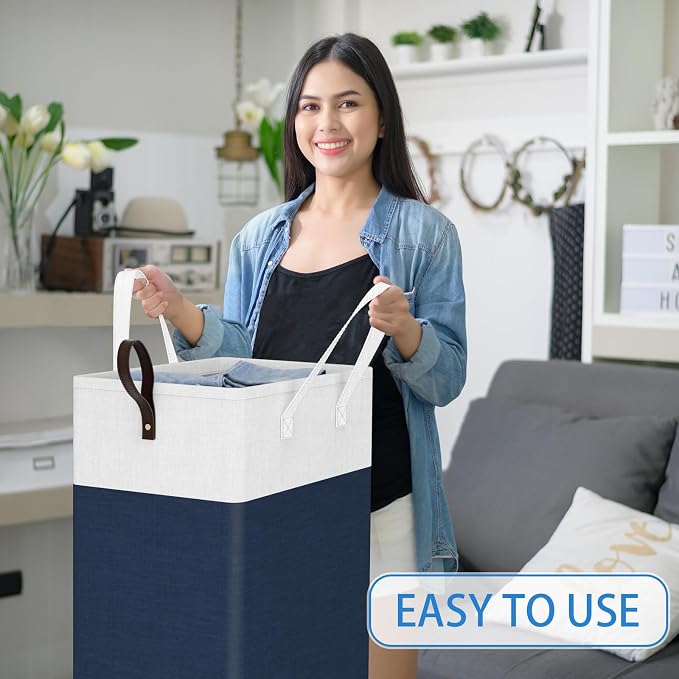 HomeHacks 90L Rolling Laundry Hamper with 4 Smooth Wheels, Collapsible Waterproof Clothes Basket, Freestanding Tall Hamper with Extended Handles for Bedroom/Dorm/Laundry Room (Blue)