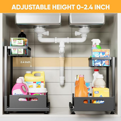 Under Sink Organizer Storage 2-Tier Premium Metal Pull-Out Kitchen Cabinet Organizer with Sliding Drawer, Height Adjustable, Heavy Duty for Kitchen & Bathroom Organizers 1 Pack Black