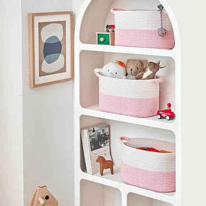 R RUNKA Storage Baskets for Organizing | 15"x10.2"x9.1" - 1 Pack Nursery Bin with Handles - Woven Cotton Rope Baskets for Dog Toys, Books, Shelf, Bathroom,Closet -Pink Basket for Girls