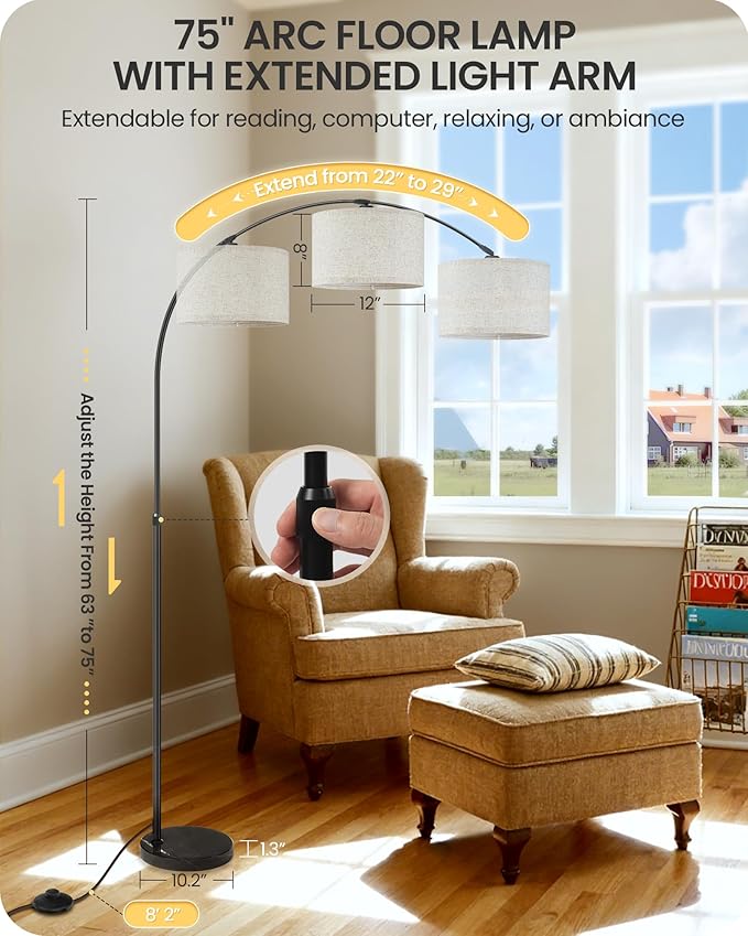 75" Arc Floor Lamp with Marble Base and Adjustable Height, Rotating Hanging Shade, Dimmable Floor Lamp for Living Room with Remote and Foot Switch, 3CCT, Over Couch Arched Reading Light E15LD05