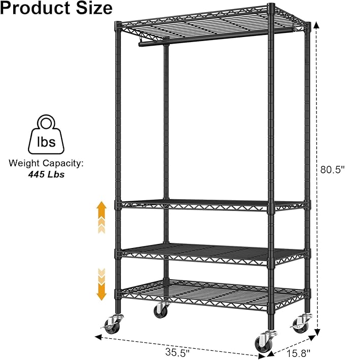 P9 Rolling Clothes Rack Heavy Duty, Clothing Racks for Hanging Clothes, 4 Tiers Garment Rack with Wheels, Metal Portable Closet Rack, 35.5" L X 15.8" W X 80.5" H, Max Load 445 LBS, Black