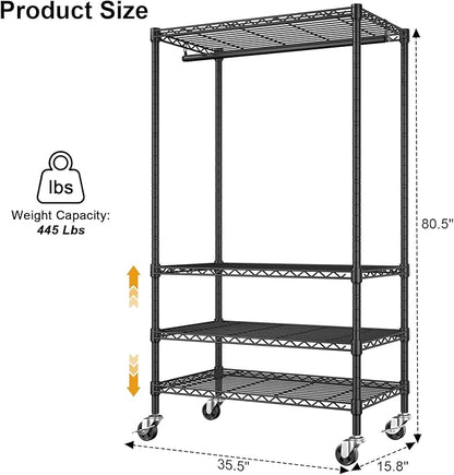 P9 Rolling Clothes Rack Heavy Duty, Clothing Racks for Hanging Clothes, 4 Tiers Garment Rack with Wheels, Metal Portable Closet Rack, 35.5" L X 15.8" W X 80.5" H, Max Load 445 LBS, Black