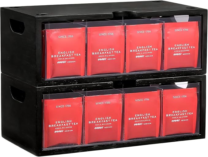 Bamboo Tea Bag Organizer for Cabinet & Countertop - 2-Piece Stackable Tea Box Set, Large Capacity Storage Containers for Tea Bags & Packets - Modular Pantry Organization & Kitchen Tea Station Holder