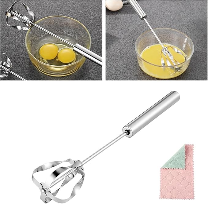 2025 New Stainless Steel Semi-Automatic Whisk with Cleaning Cloth, Wisking Tool Stainless, Multifunctional Egg Beater for Cooking Kitchen Household Eggs Milk Hand Whisk Mixer (B1-New Model 10in)