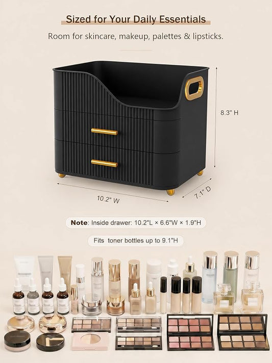 Booklov Countertop Makeup Organizer with Drawers, 3 Tier Large Cosmetic Storage Box for Vanity, Bathroom Counter, Dresser, Skincare Display Case for Lipsticks, Beauty Palettes, Teen Girl Gifts, Black