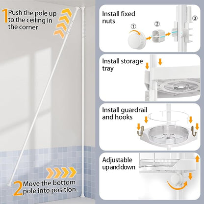 shuang qing 360° Rotating Corner Shower Caddy Tension Pole Organizer - 4-Tier Adjustable Rustproof Metal Pole, Plastic Shelves with Safety Guardrail, Bathroom Storage for Shower & Bathtub(White)