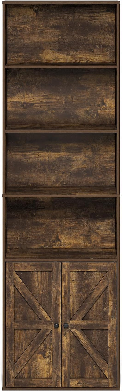 Furinno Jensen Book Shelf, 6-Tier Farmhouse Bookshelf, Display Bookcase with Doors, 9.2" x 21.6" x 71.2", for Organization and Storage, for Living Room, Bedroom, Home Office, Amber Pine