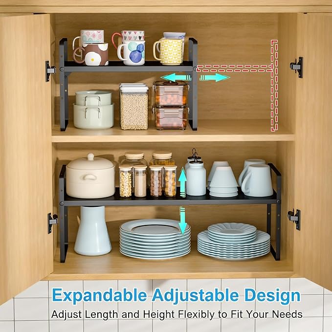 Set of 2 Expandable Cabinet Shelf Organizer, Stackable Kitchen Countertop Shelves Spice Racks, Small Metal Storage Shelf For Cupboard Counter Tabletop, 30 LBS Heavy Duty, Adjustable, 13.8" to 21.6"