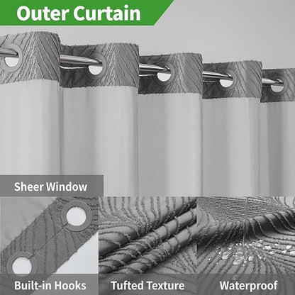 no Hook Shower Curtain and Liner Set，Boho Style with See Through Top Window, Grey Fabric Tufted Striped Textured Outer Curtain & Waterproof Inner Liner, Grey/Gray, 71Wx74H