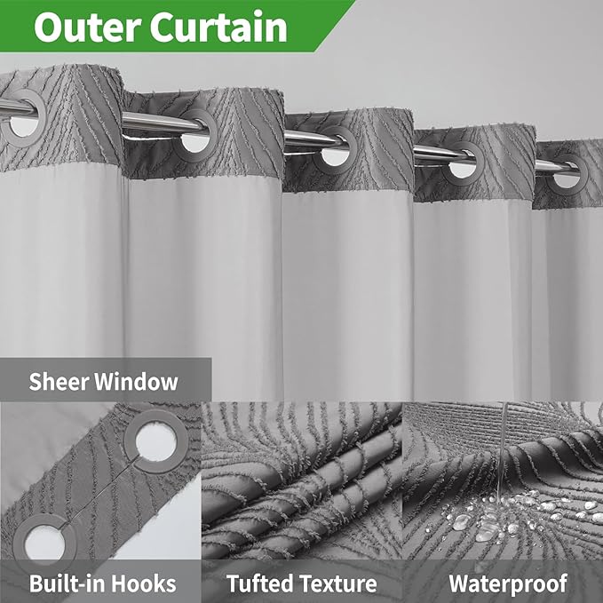 no Hook Shower Curtain and Liner Set，Boho Style with See Through Top Window, Black Fabric Tufted Striped Textured Outer Curtain & Waterproof Inner Liner, Grey/Gray, 71Wx80H