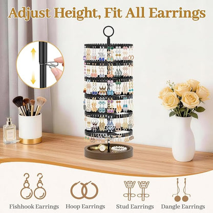 MODOWEY 6 Tier Rotating Earring Holder Organizer Display Tree with Wooden Tray, Adjustable Plastic Stand with 342 Slots for Stud Hoop Hanger, Large Capacity Storage Rack for Women Space Saving, Black