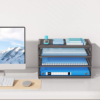Lavatino 3-Tier Letter Tray Desk Organizer, Mesh Metal Paper File Tray Organizer for Desk, Office Supplies & Home Organization, Fits A4 Paper, Mail, Magazines & Office Accessories (Grey with Handle)