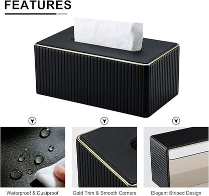KINGFOM Rectangular Tissue Box Cover, PU Leather Tissue Box Holder with Magnetic Bottom, Napkin & Facial Tissue Holder Dispenser Decorative Box Cover for 120-count (3-Ply) 160-count (2-Ply) Black
