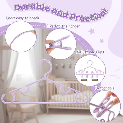 Hsei 5/10/40 Pack Baby Hangers with 10/20/80 Clips, Plastic Kids Pants Hangers for Nursery Closet Top and Bottom Clothes Hanger Set for Newborn Infant Toddler(120 Packs Total,Purple,10.6 Inch)