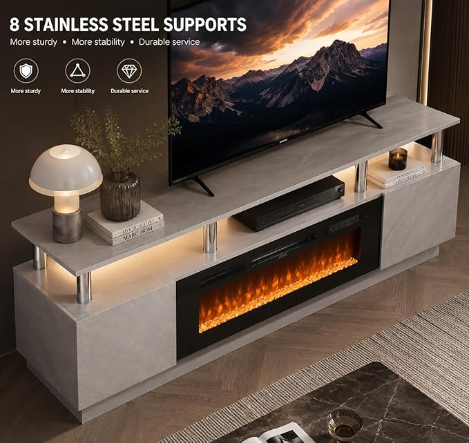 70" TV Stand for Living Room, Entertainment Center with Storage Cabinet, Fits TVs up to 80", Modern Media Console with Shelves, 36" Electric Fireplace (Grey+Black)