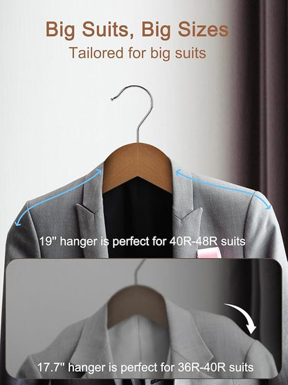 HOUSE DAY 19'' Extra Wide Shoulder Wooden Hangers 6 Pack, Premium Large Wood Suit Hangers with Non Slip Pant Holder, Wide Shoulder Hangers for Suits, Coats, Jackets, Heavy Wide Clothes Hanger, Walnut