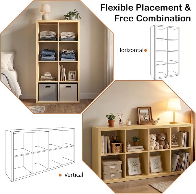 WannabeMyself【2026 Wooden Thick Frame】 8 Cube Storage Organizer with Anti-Tipping Kits, Reversible Open Back Book Shelf,Bookcase for Living Room,Bedroom,Entrance Hall,Office,11.6×48×24.6,Oak Color