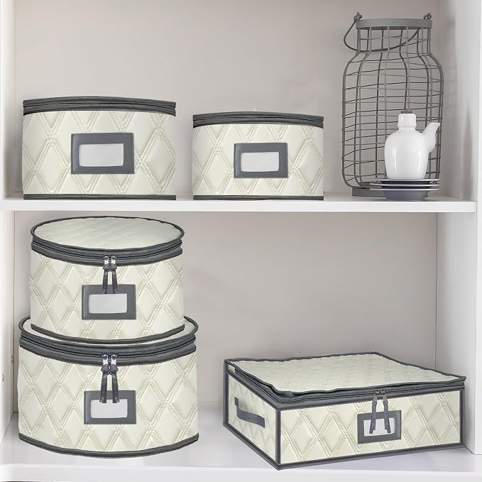 5 Pack China Storage Containers Set (Beige) - Sturdy Quilted Wine Glass & Dish Storage with Dividers - Compact Size