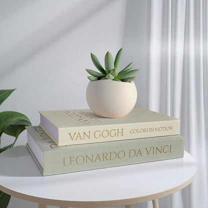 Decorative Storage Books Set of 2, Linen Cover, Gold Letters, White and Green
