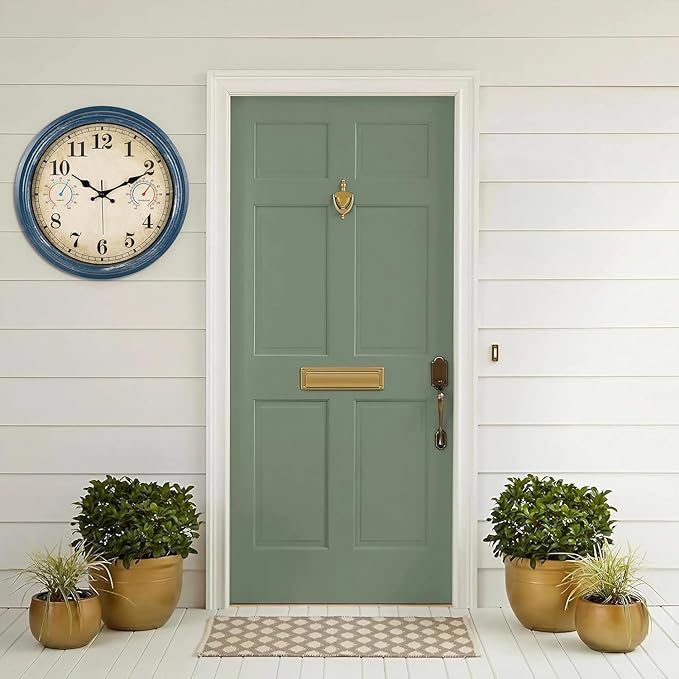 16 Inch Outdoor Clock with Thermometer and Hygrometer Combo, Waterproof Rustic Vintage Indoor Outdoor Large Wall Clocks for Patio, Pool, Garden, Living Room Decor- Blue