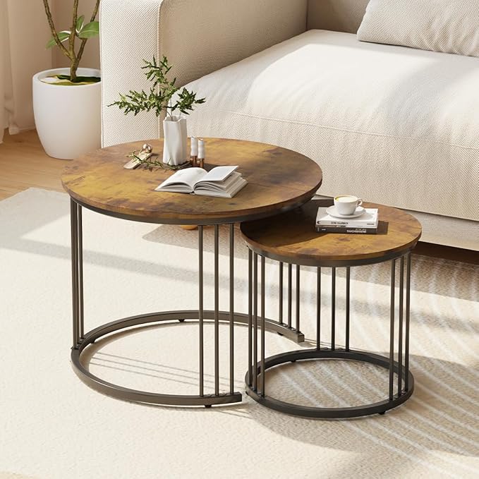Garden 4 you Nesting Coffee Table, 23.6" Round Coffee Table Set of 2, Wooden Nesting Table with Metal Frame, Ceter Tables for Living Room Bedroom Balcony, Rustic Brown