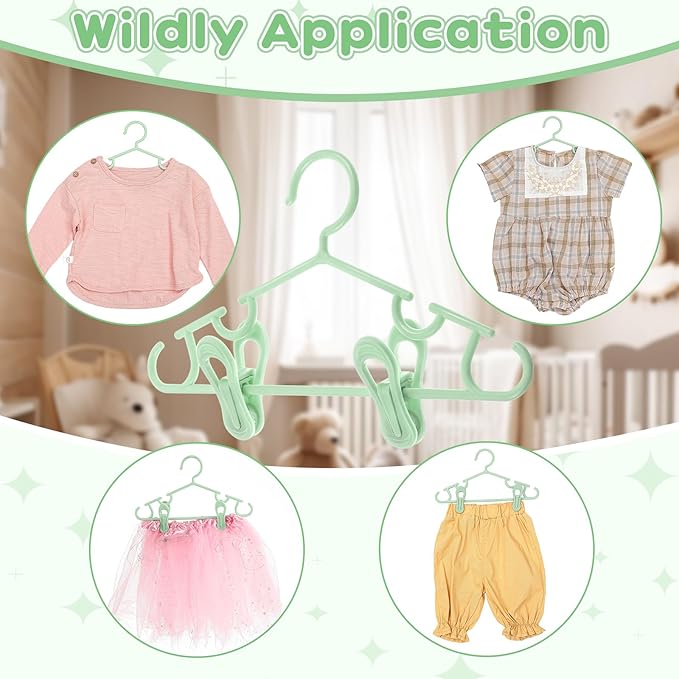 Hsei 5/10/40 Pack Baby Hangers with 10/20/80 Clips, Plastic Kids Pants Hangers for Nursery Closet Top and Bottom Clothes Hanger Set for Newborn Infant Toddler(120 Packs Total,Mint Green,10.6 Inch)