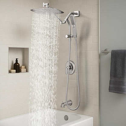 G-Promise All Metal 10 Inch Shower Head with Massage Mode Handheld, Rain Shower Head with Handheld Spray Combo, 3-Way Diverter with Pause Setting, 11 Inch Adjustable Extension Arm (Brushed Nickel)