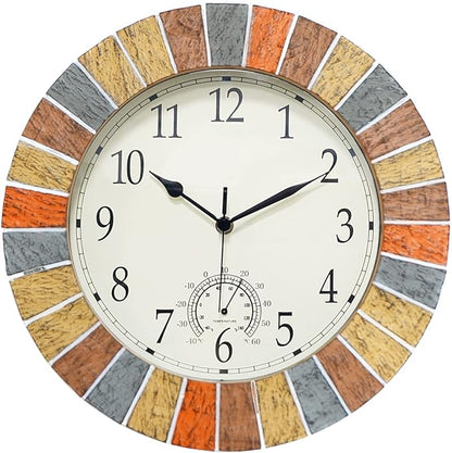 UMEXUS Indoor Outdoor Clock and Thermometer, 13 Inch Large Waterproof Weatherproof Wall Clocks, Retro Silent Non-Ticking Battery Operated Decor for Garden Kitchen Bathroom